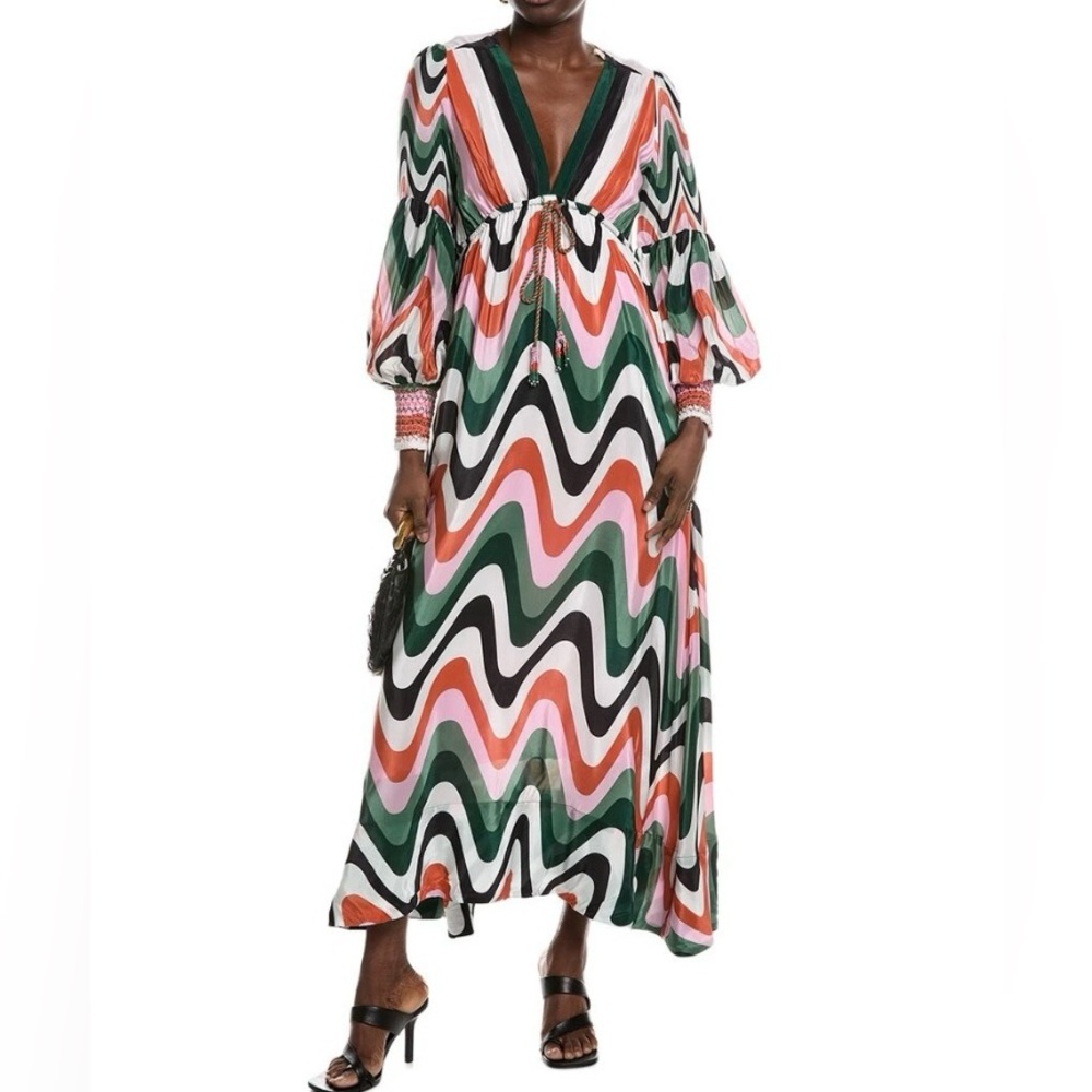 FARM Rio Pink and Green Resort Maxi Dress with Beaded Tassels
